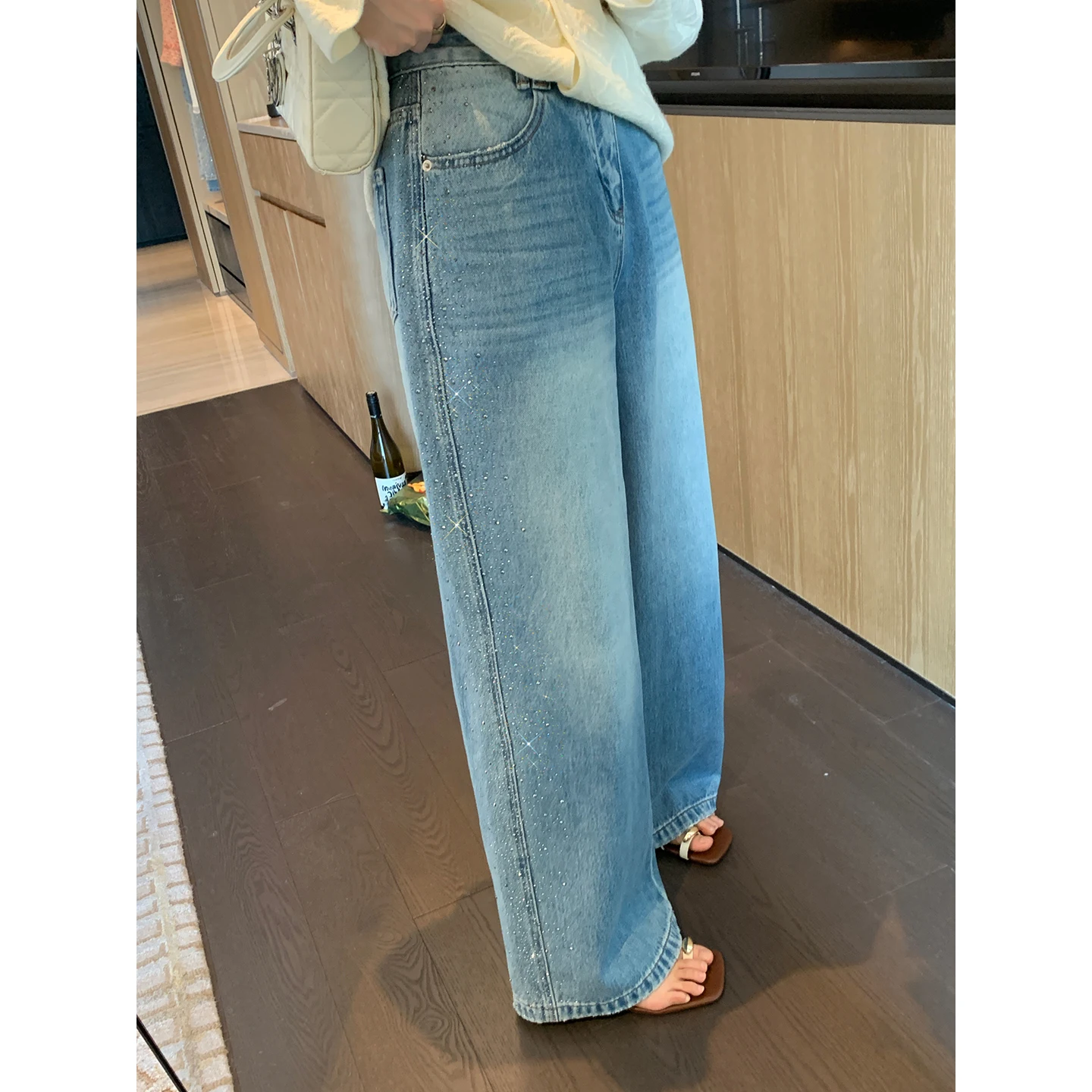 

Slimming Design Side Rhinestone Jeans High Waist Cotton Straight Leg Micro Stretch Spring Ladies New Arrival Benxe 30