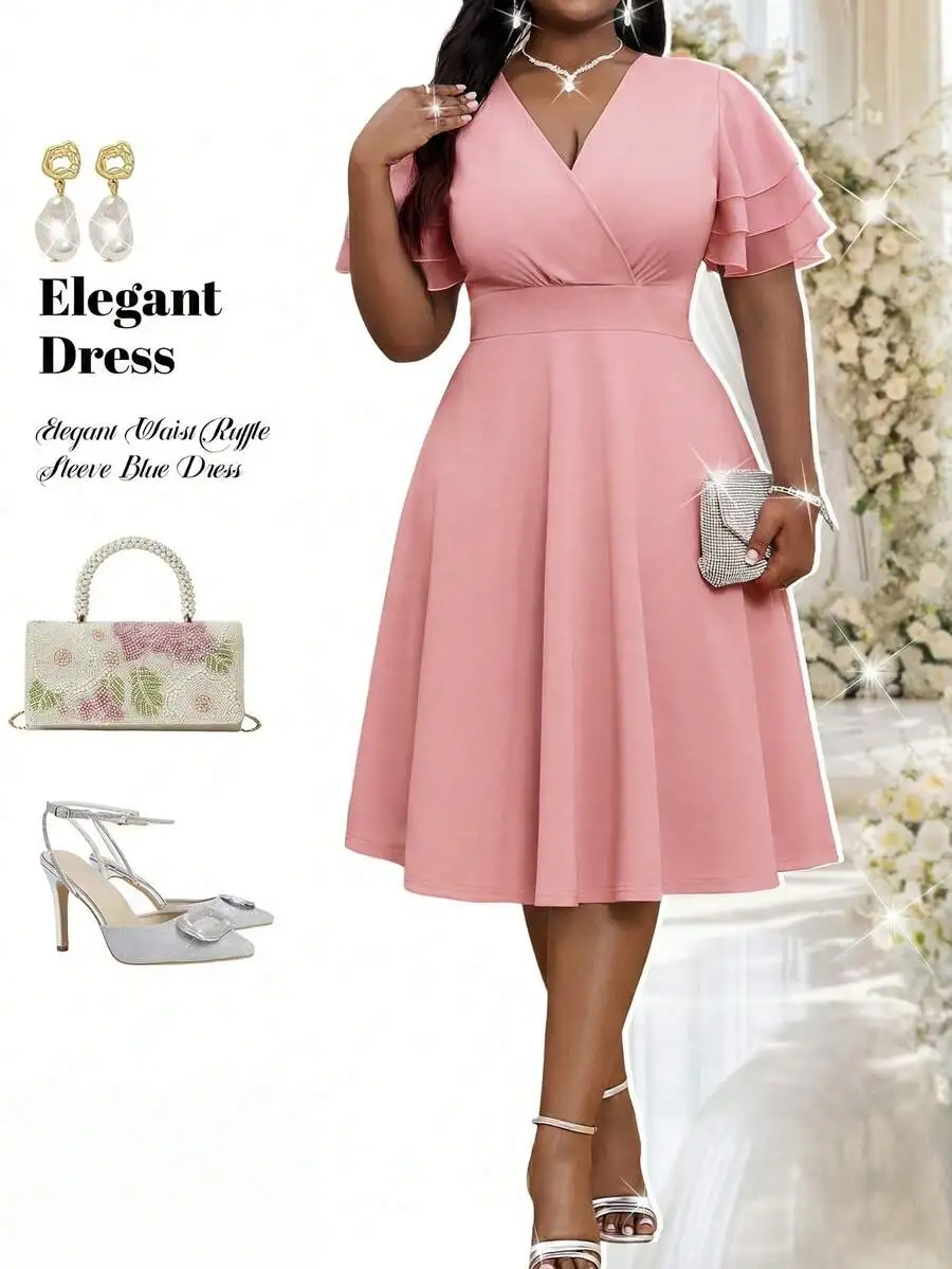 

Elegant V-Neck Cinched Waist Ruffle Sleeve Knee-Length Dress For Women