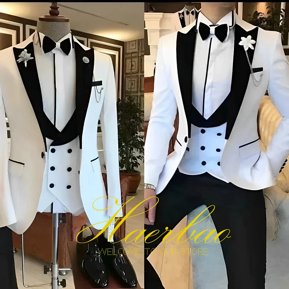 White Men Suits 3 Piece Slim Fit Groom Tuxedos for Wedding Groomsmen Italian Style Suit Jacket with Double Breasted Vest Pants