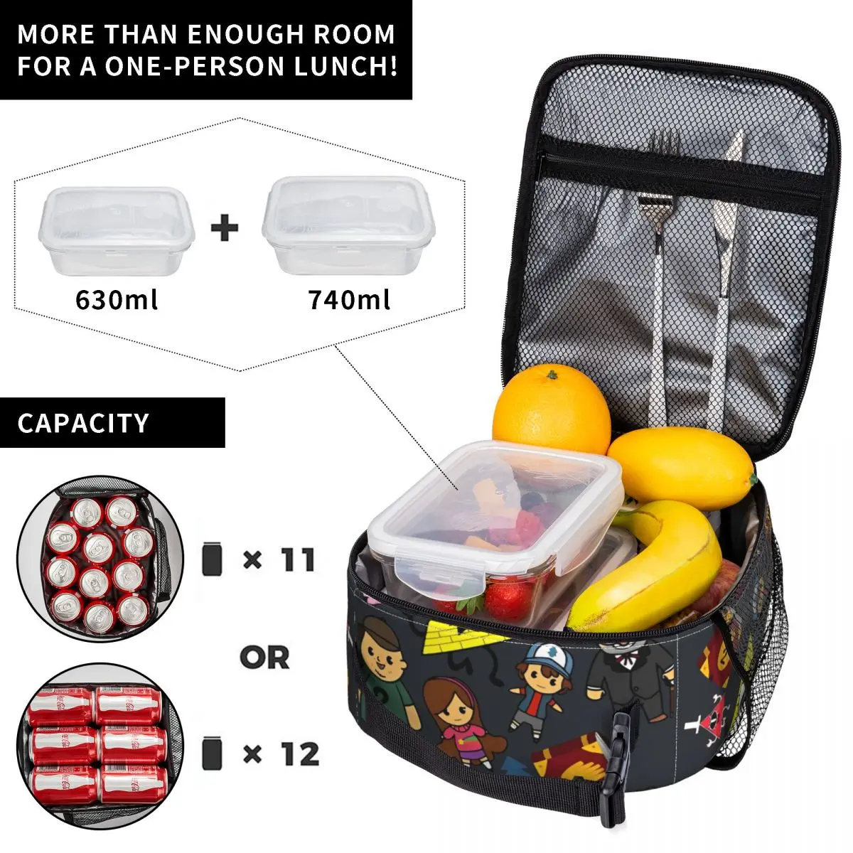Gravity Falls Lunch Bag Team Travel Lunch Box For Girls Casual Print Tote Food Bags Oxford Portable Zipper Cooler Bag
