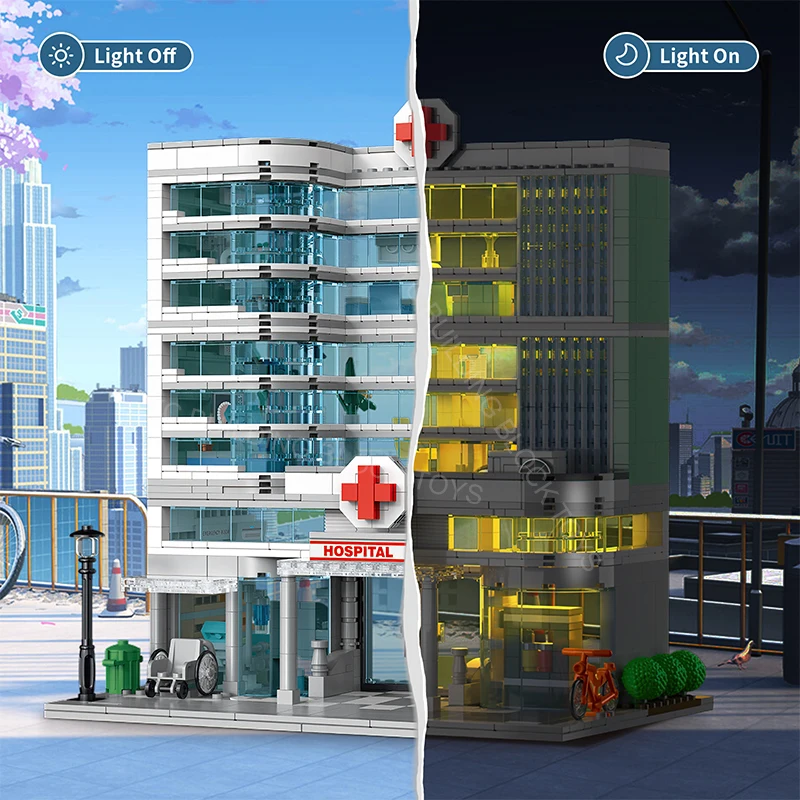 

Creative City Hospital Toy Building Sets with LED Lighting,MOC Modular Three-Story Architecture Sets, For Adults Assembly Gifts