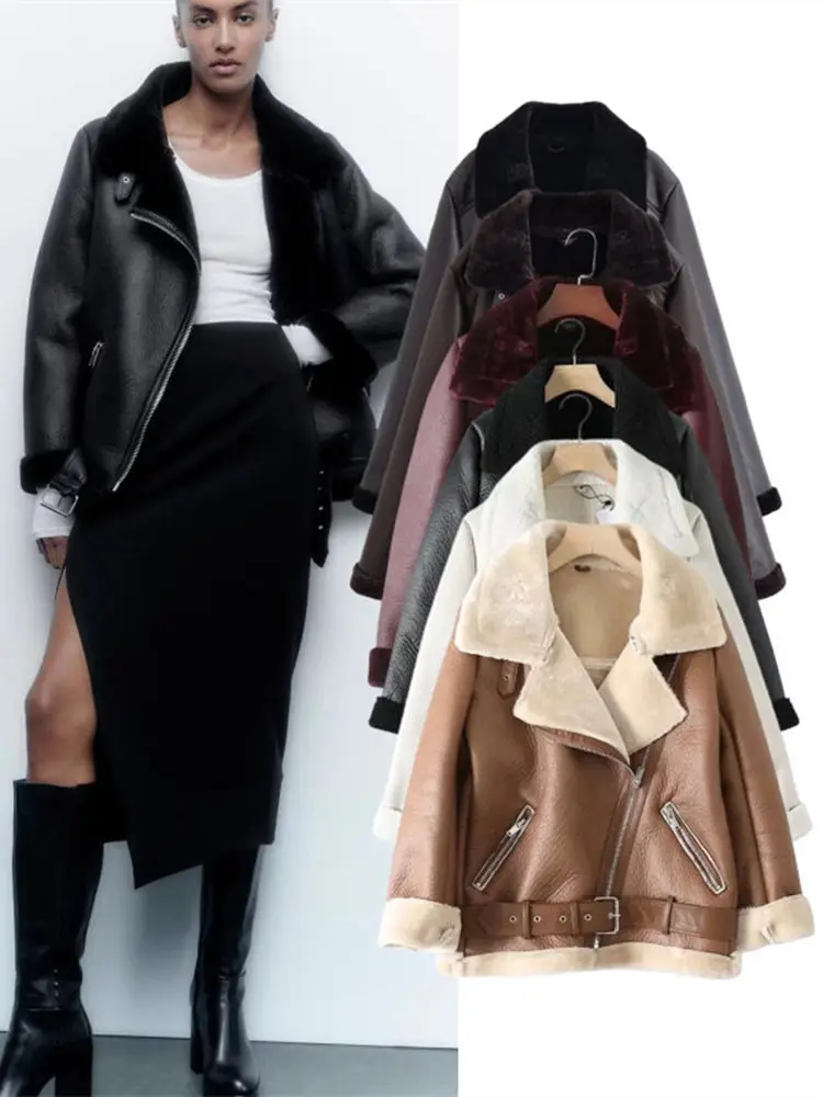 

Утепленная зимняя женская куртка-косуха из искусственной кожи с бархатной подкладкой, универсальная, на молнии, с длинными рукавами