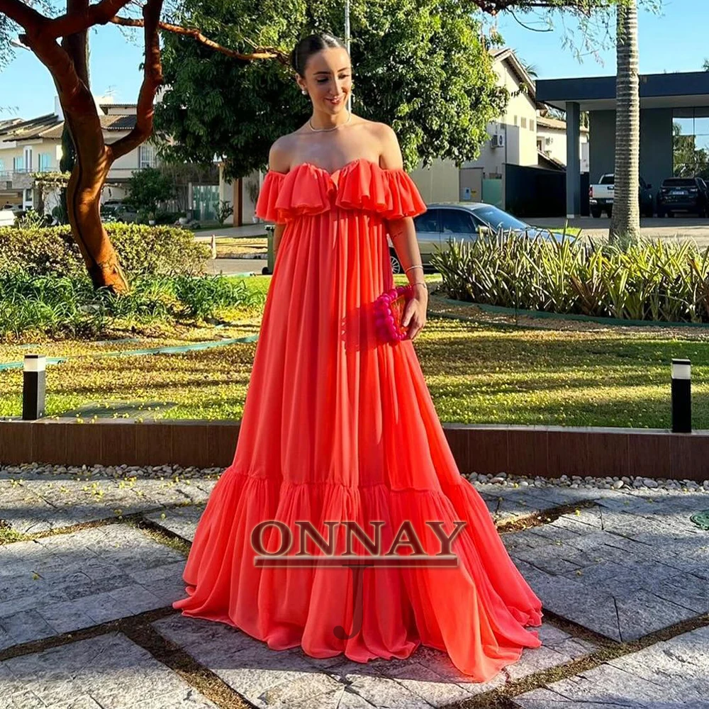 

Customized Long Boat Neck Prom Dresses Chiffon Ruffles Sleeves Maxi Saudi Arabric Gala Bespoke Pageant Vestidos De Fiesta