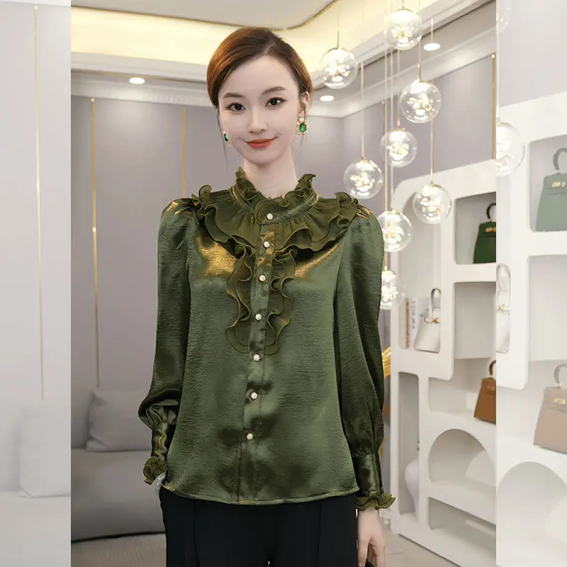 2024 Autumn and Winter New High-end Temperament Light Luxury Satin Green Long Sleeved Shirt