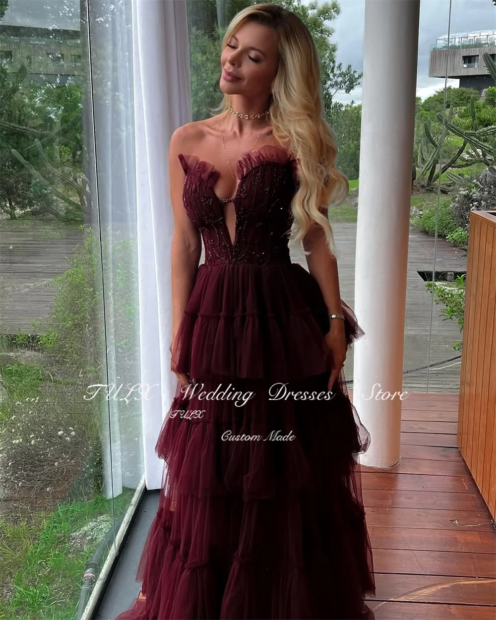 TULX robe de soirée en Tulle perlé scintillant Sexy chérie sans manches robe d'événement formel une ligne longue robe de soirée à plusieurs niveaux personnalisée