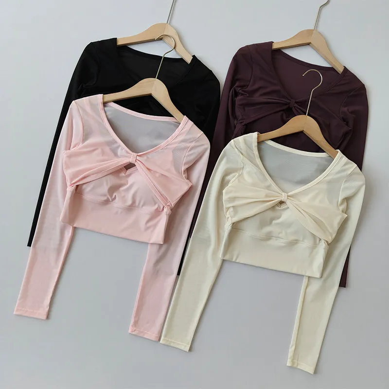 Women's Padded Long Sleeve Yoga Crop Top Sexy Mesh Gym Shirt Running Workout Sports Top with Pockets for Fitness Pilates Shirt