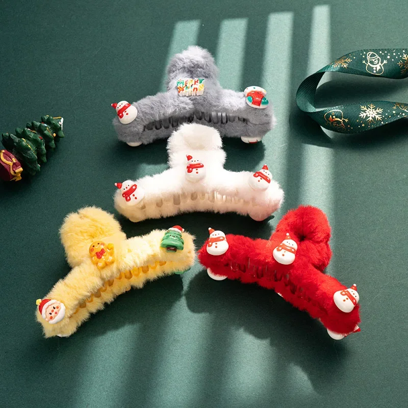 Pinces à griffes de Noël en peluche pour femmes, pinces à cheveux coordonnantes, maintien du bain, mignon, père Noël, cheveux raides, bouclés, ondulés