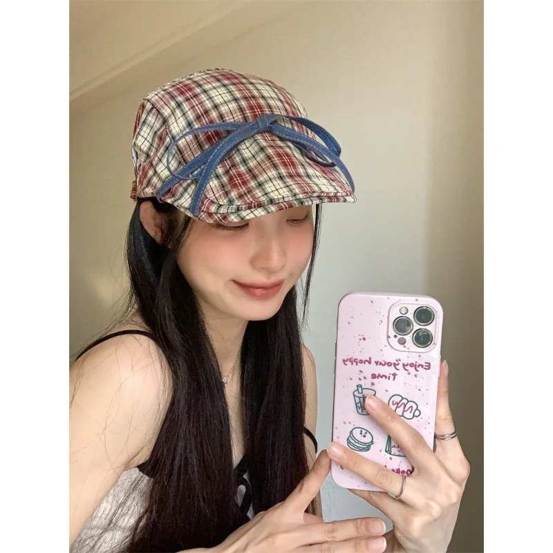 Sweet Rippling~Bow Lace-up Plaid Advance Hats Women's Sweet Summer Thin Fashionable Anti-Wear Beret Trendy