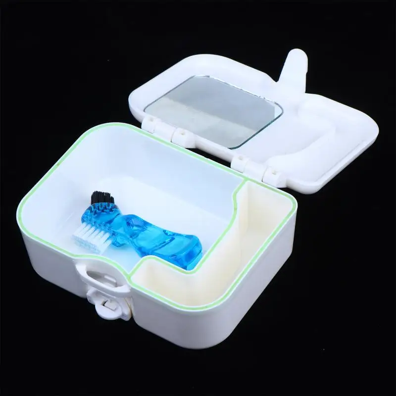 Portable Sturdy Denture Storage Box Kit with Mirror Cleaning Brush BPA Free for Daily Dental Care Travel