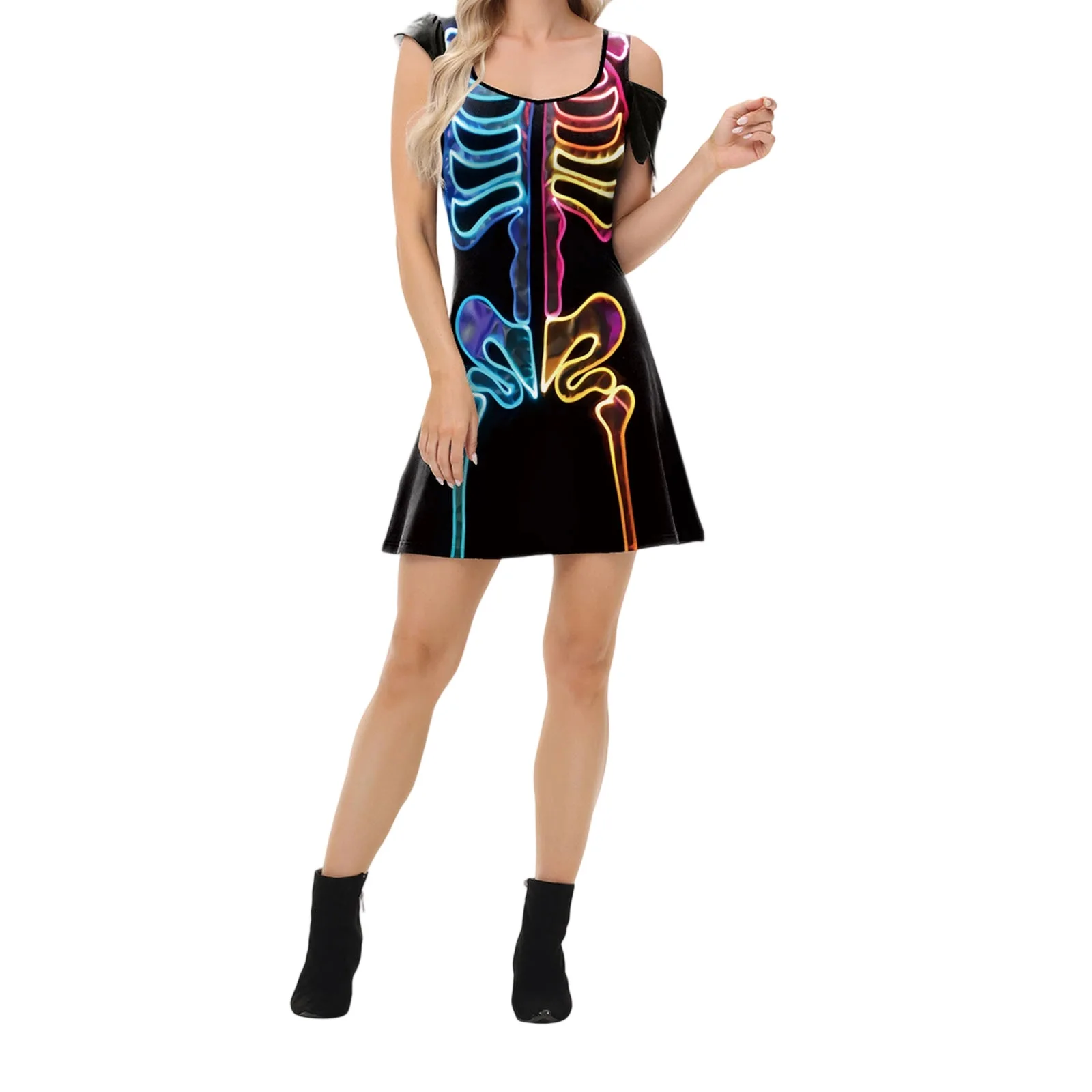 

Women Halloween Skeleton Nightgown Fit Scoop Neck One Cold Shoulder Cap Sleeve Mini Pajama Dress Casual Sleepwear