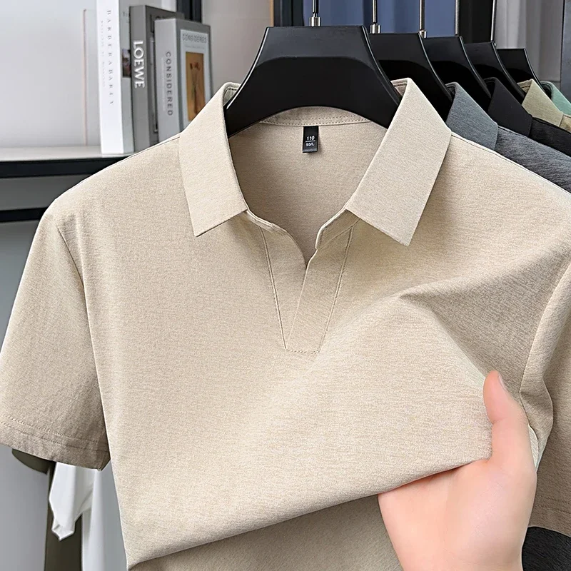 Business daily mens lapel polo t shirt mixed yarn melange fabric sweat resistant cool lightweight summer basic wear clothing