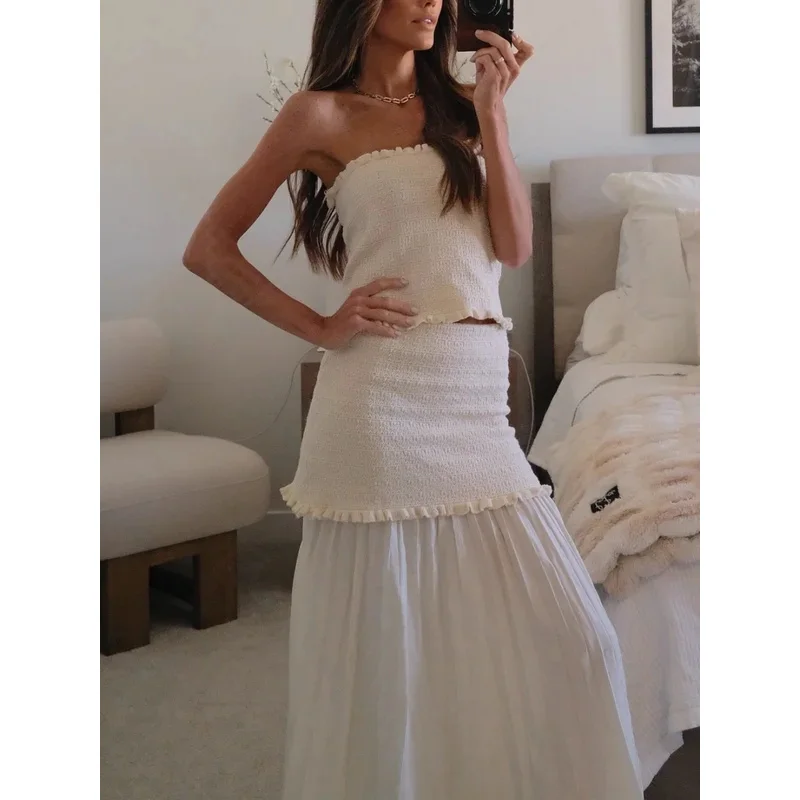 Summer Sexy Chic Women's Commuter Suit Sleeveless Knitted Tube Top Long Straight Skirt Fashionable Tight Ensemble for Ladies