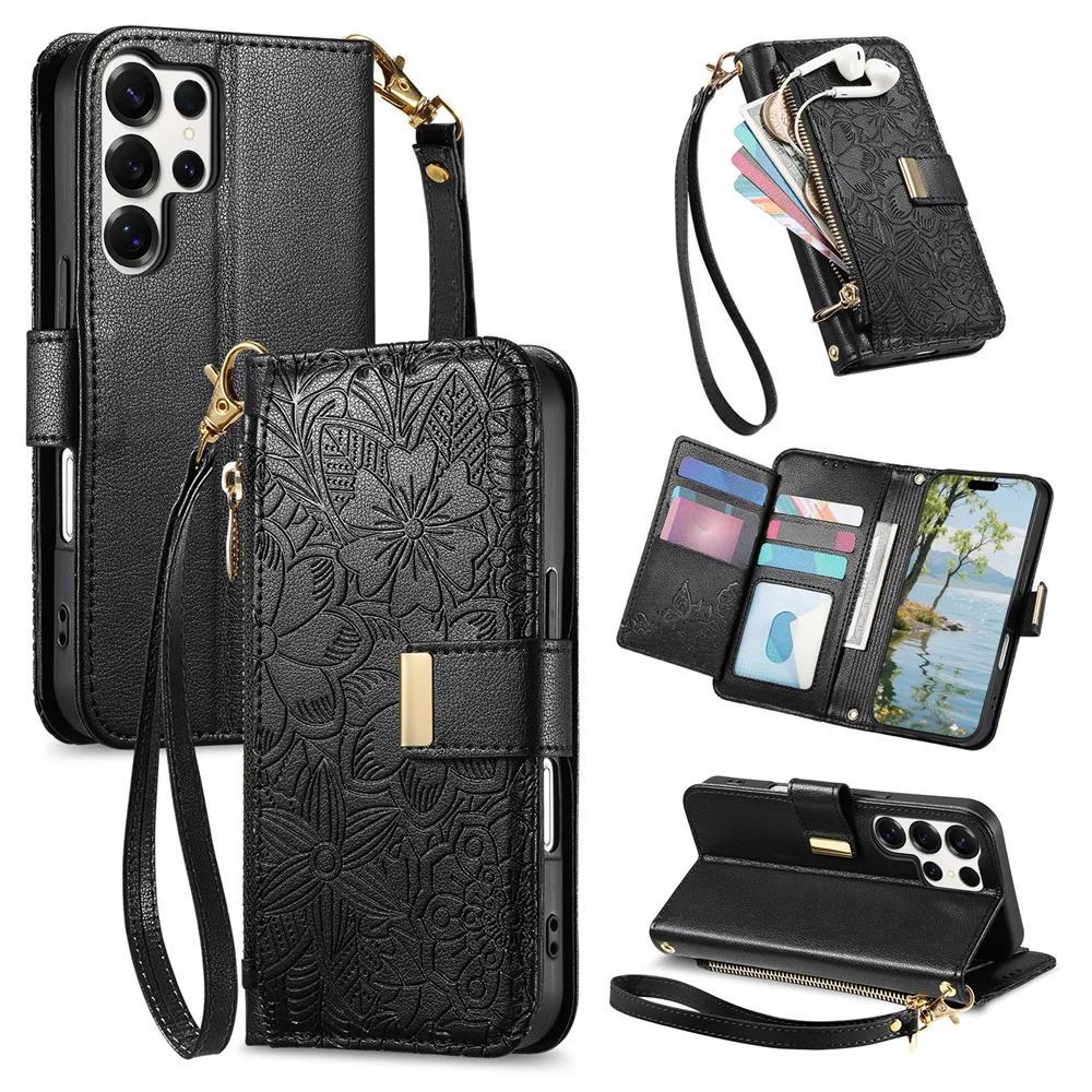 Funda de teléfono con ranura para tarjetas y correa para la muñeca para Samsung Galaxy S25 Edge S23 Ultra S24 FE A07 A16 A26 A56 A36 A55 A35 A25 A15 A05 5G