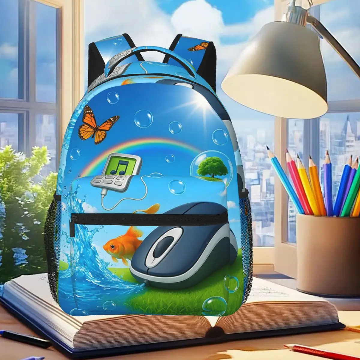 

Frutiger Aero Goldfish Rainbow And Gadgets Backpack Student Boys Girls BookBag Kid School Bag Laptop Shoulder Bags for Men Women