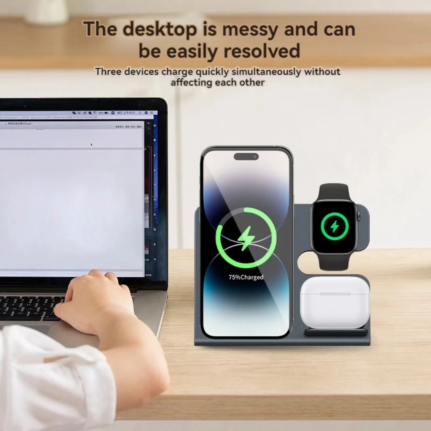 ثلاثة في واحد شاحن لاسلكي 15 وات مناسب لسماعات الهاتف وساعة AirPos للشحن اللاسلكي