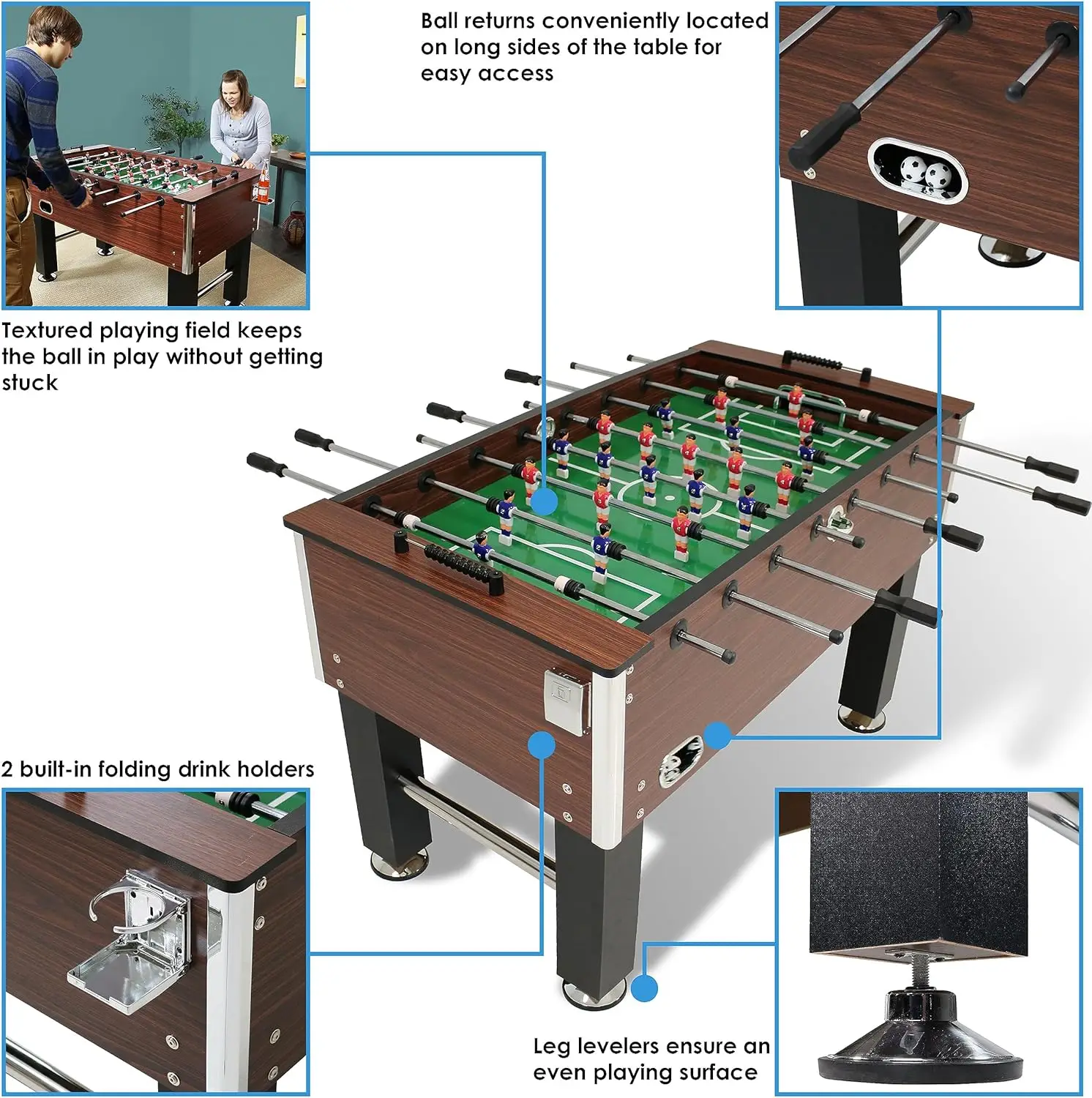 55-Inch Foosball Table Adult Size - Soccer Arcade Game Table - 2 Drink Holders - 2 Balls - 4 Leg Levelers - Faux Wood