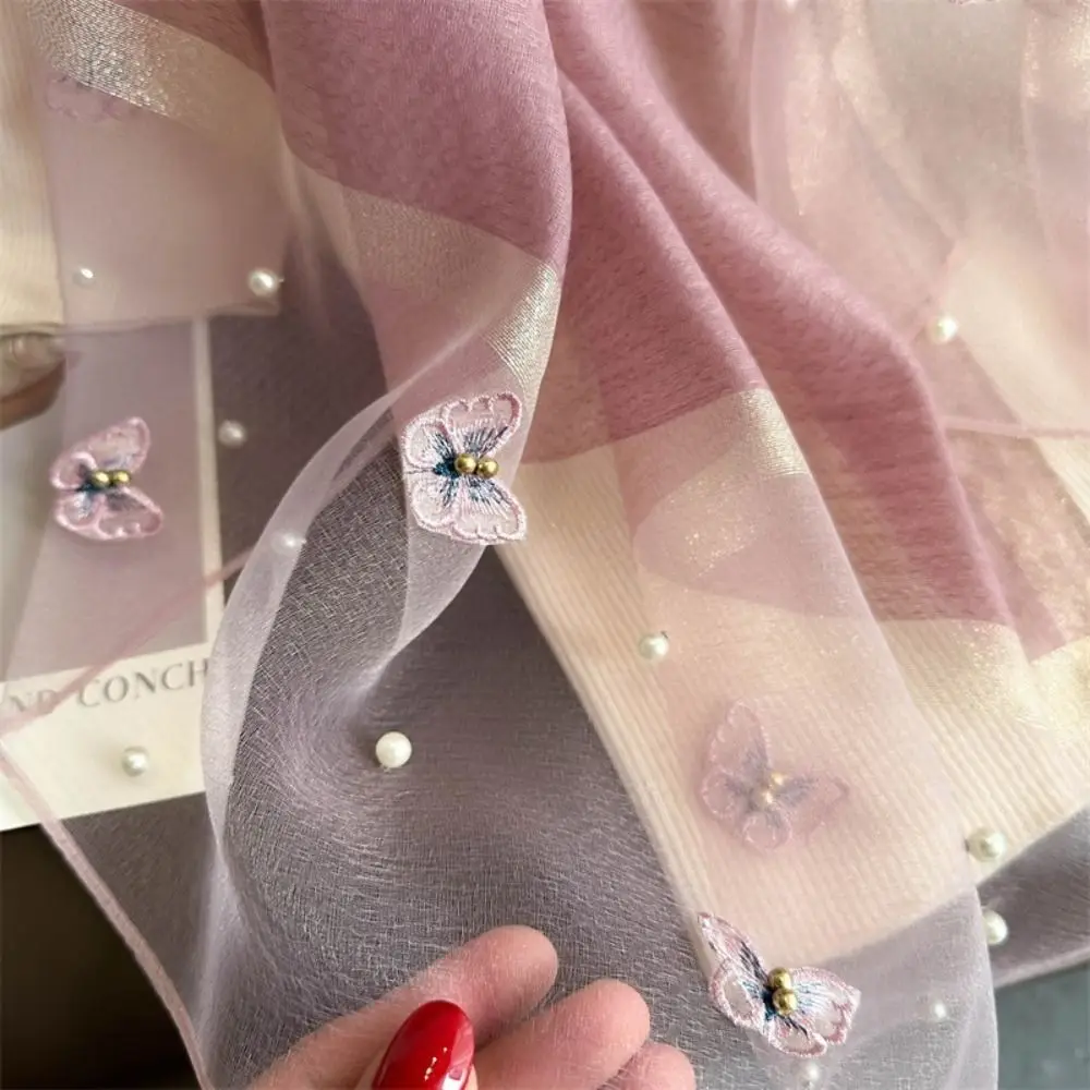 

Elegant Thin Silk Scarf Pearl Large Butterfly Embroidery Scarf Foulard Luxury Women Hijab Shawls Lady