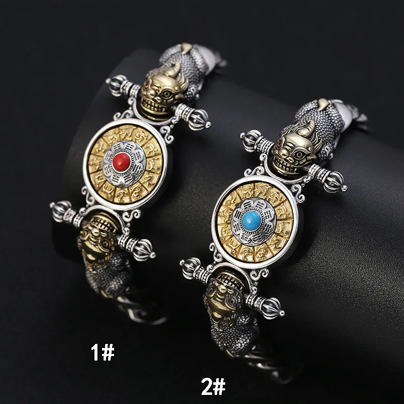 s925 sterling silver personality ornament Thai silver six words mantra twelve Zodiac vintage chic rotating bracelet for men