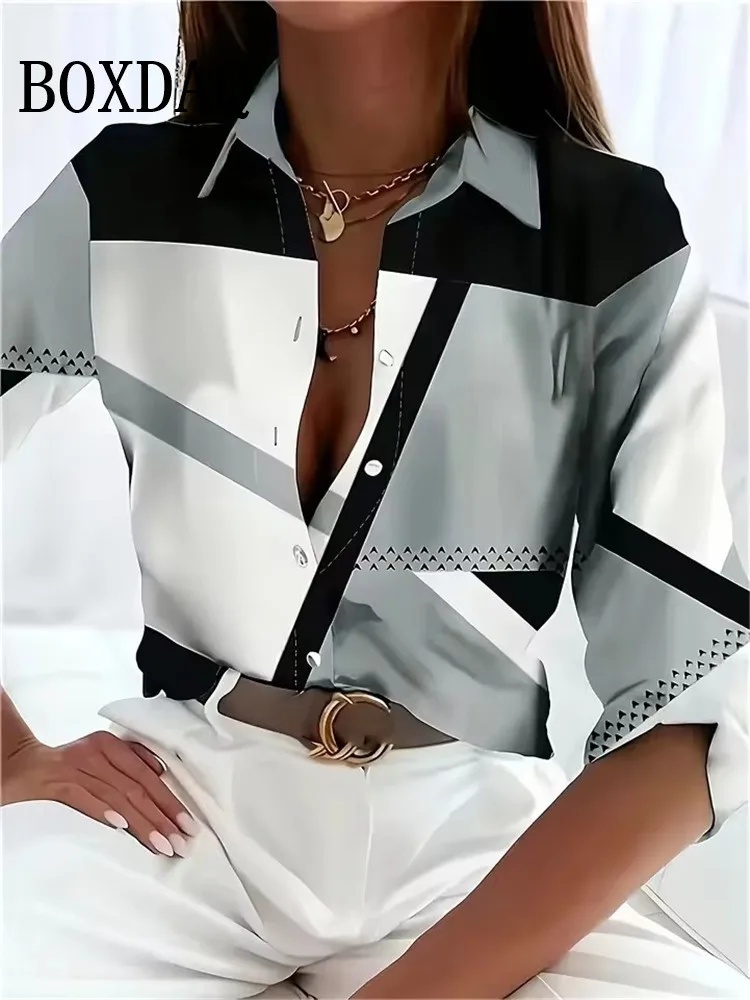 Women's 3D Printed Geometric Pattern Long Sleeve Shirt Spring Autumn Fashion Blouse Casual Everyday Button Lapel Cardigan Shirts