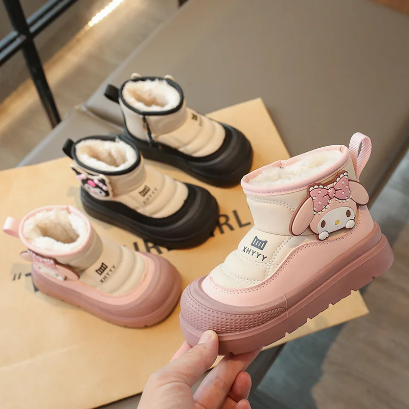 

Детская повседневная обувь, ботильоны из искусственной кожи с рисунком My Melody ​ Зимняя обувь для девочек, противоскользящая теплая розовая черная обувь, размер 26-36