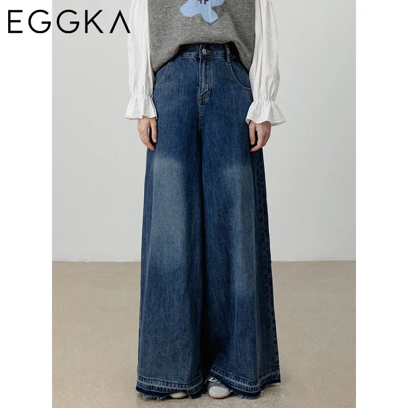 EGGKA Blue Raw Edge Ultra Wide Leg Jeans Women's Autumn High Waist Jeans A-Line Do Old Denim Pants Casual Loosed Bottom 2024 New