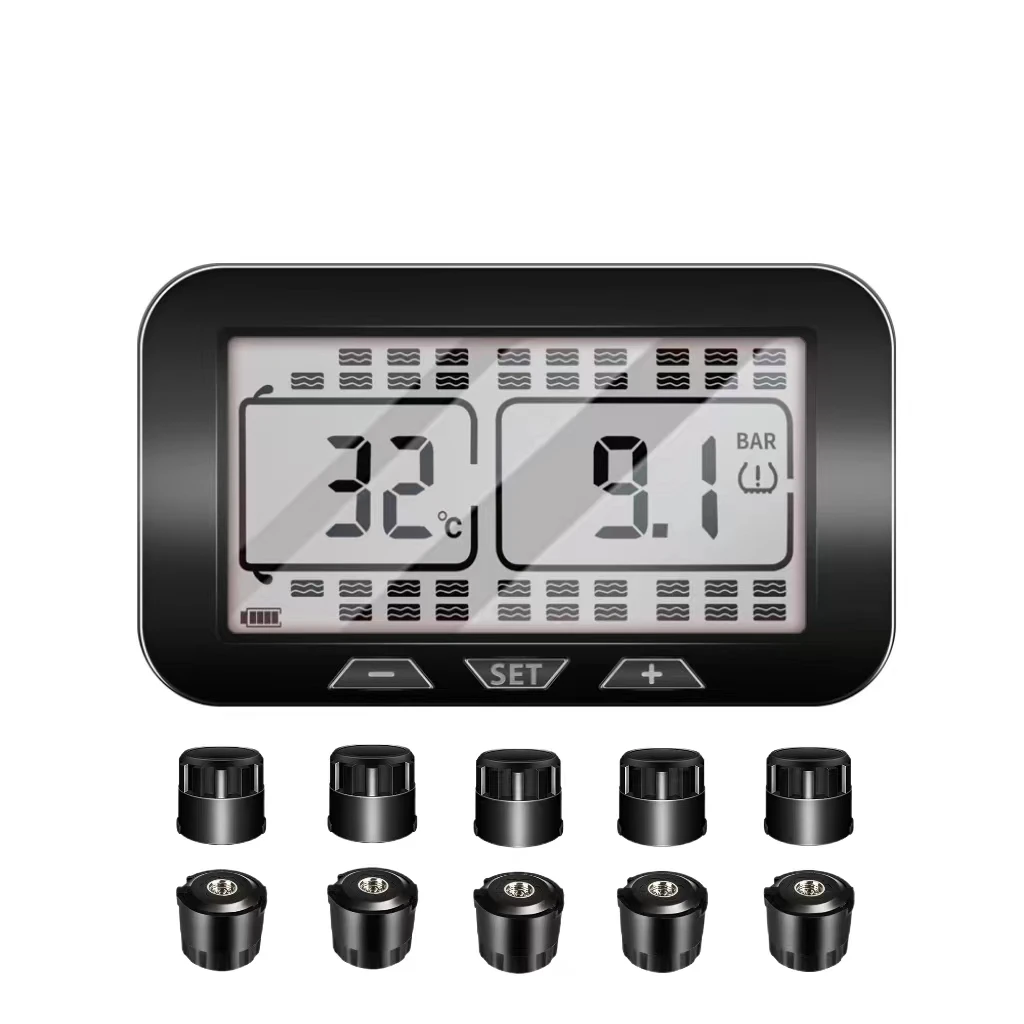 12bar Truck Tire Pressure Monitoring System TPMS Build-in 1000mAh Battery USB & Solar Charging with 10 External Sensors