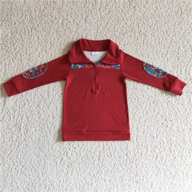 Boys Geometric Pattern Burgundy Zipper Long Sleeve Top