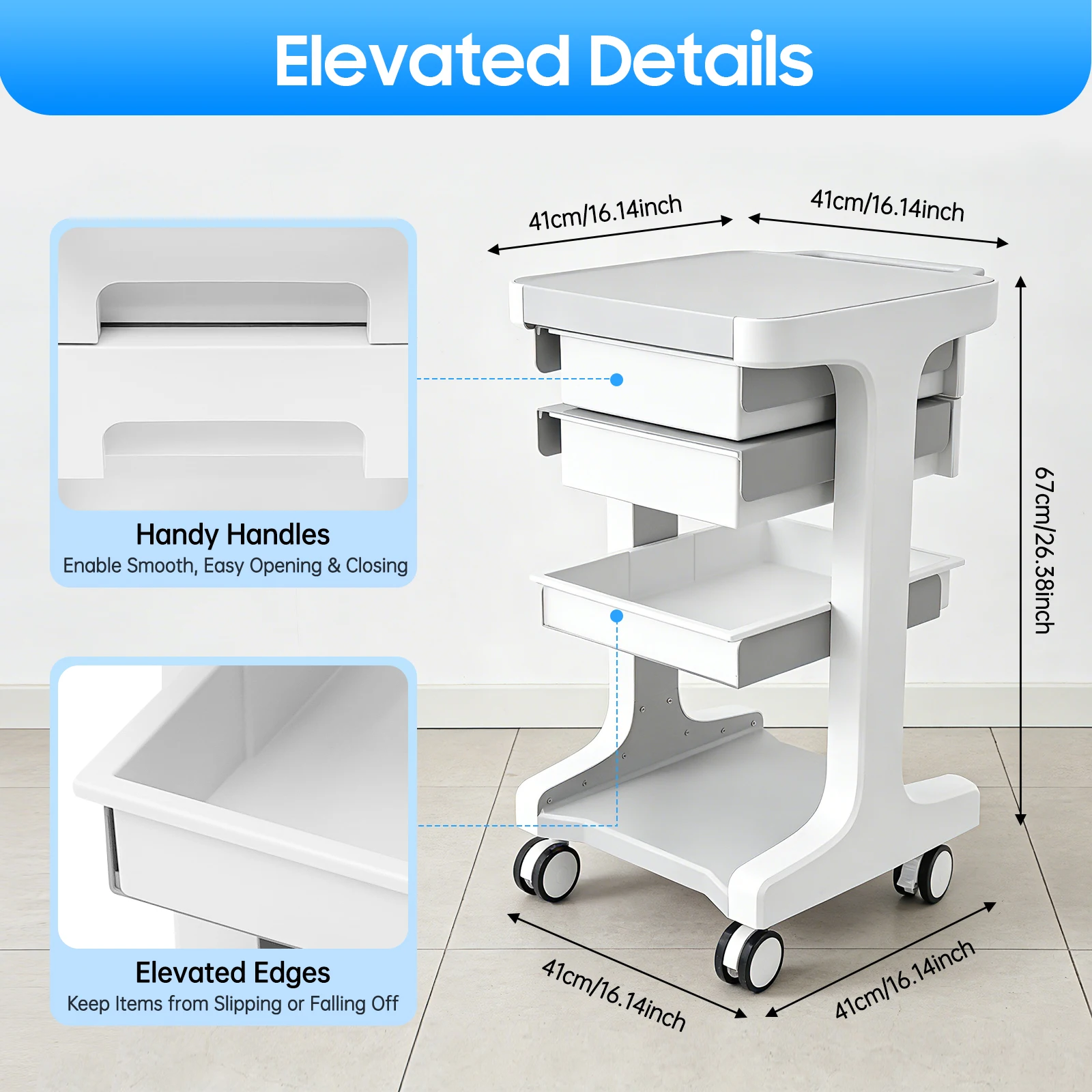 Mobile Storage Cart 110lbs Load Capacity 2 Drawers with Handle Lockable Wheels and Silent Glides for Beauty Salon Medical Clinic
