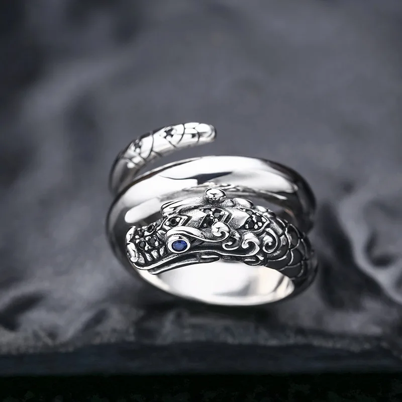 Wholesale 925 sterling silver ring faucet men's dragon ring open mouth Thai silver retro retro style personality ornament