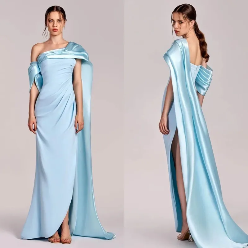 

Aleeshuo Simple Mermai Prom Dress Satin Strapless Off The Shoulder Evening Dress Sexy Side Slit Backless Floor Length Customized