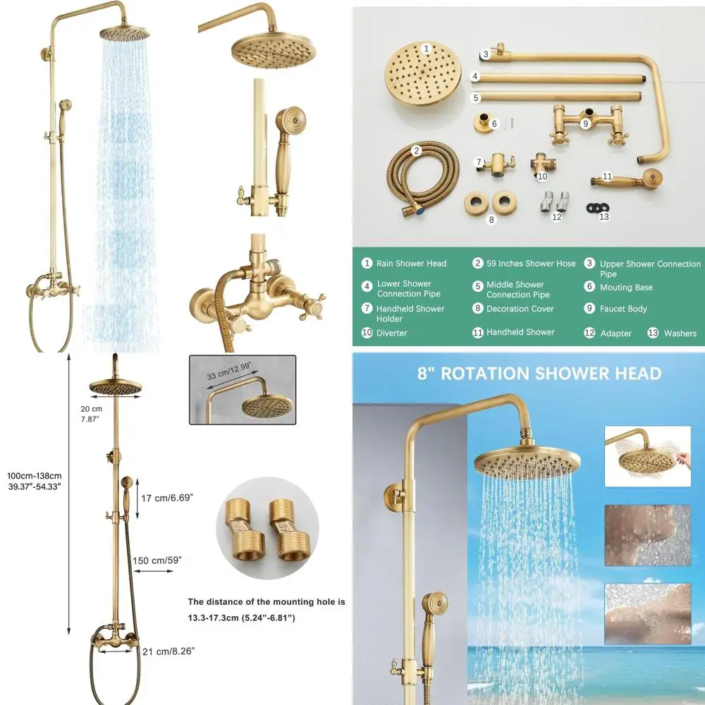 

Classic Brass Shower System with 8 Rainfall and Handheld, Dual Handle Wall Mount, Suitable for Outdoor Use