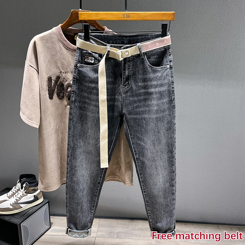 

Осень 202, мужские эластичные джинсы, модные зауженные тонкие штаны-шаровары до щиколотки, повседневные джинсовые брюки, уличная одежда, бесплатный пояс