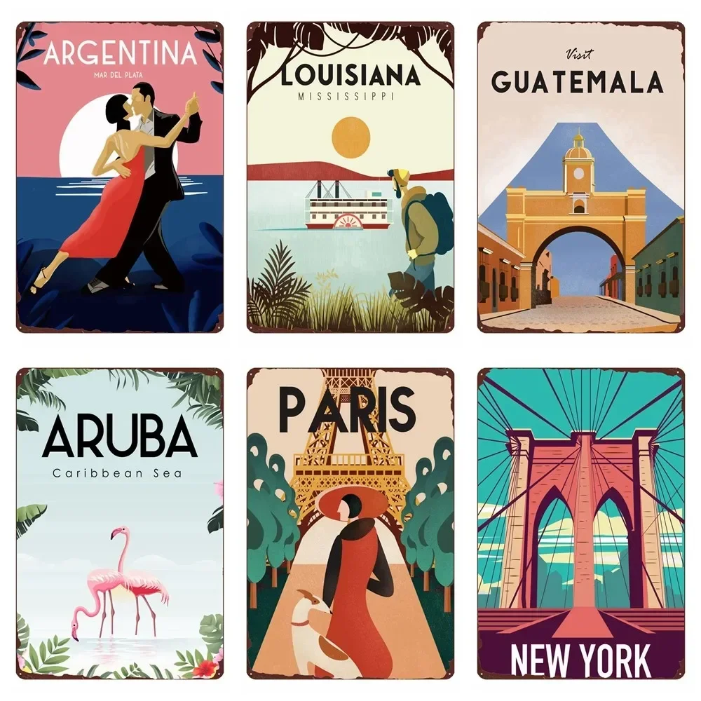 علامة قصدير معدنية للمناظر الطبيعية للسفر لديكور المنزل، لوحة عتيقة، ملصق فني أروبا، بار، مقهى، ديكور جدار المزرعة، تايلاند، باريس