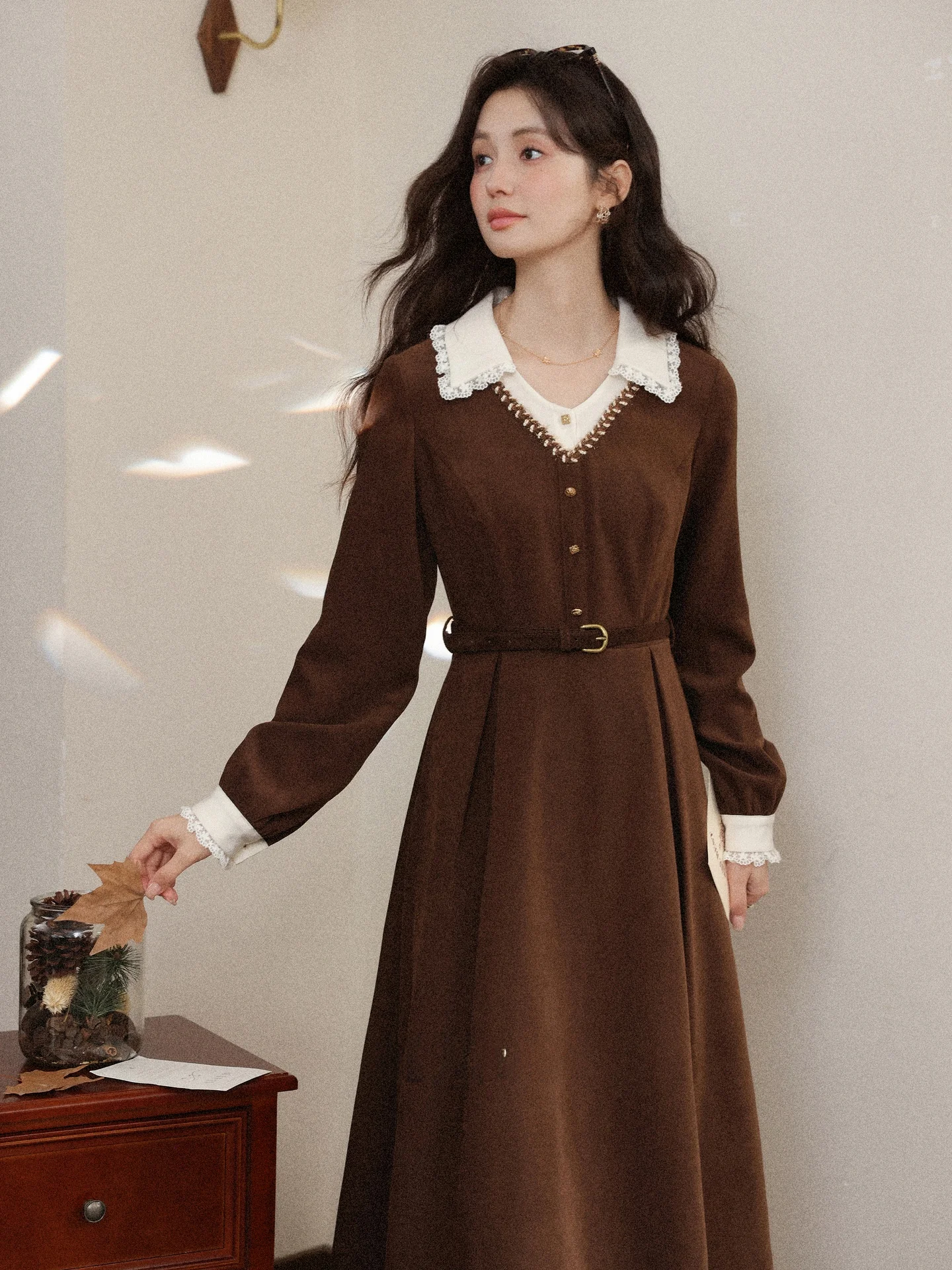 

South Deer Vintage irt Dr Coffee Color Women's Autumn Long Dr Design Sense Berlin Fake Two-Piece Collar Long Sve
