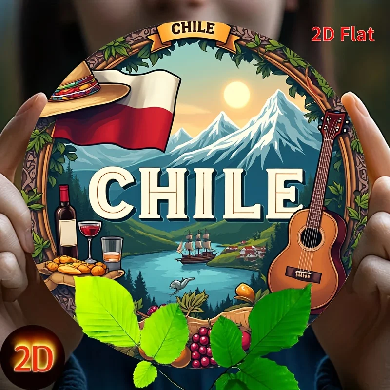 [2D Flat] 1pc Funny and Satirical Metal Tin Sign, Aluminum 20X20. Features the Chilean flag, guitar, snow-capped mountains, and