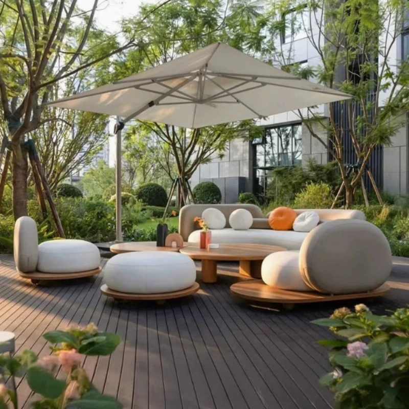 Creative Nordic Teak Garden Leisure Sofa Set, Anti‑Corrosion Solid Wood Furniture with Cushion for Villa Outdoor Terrace