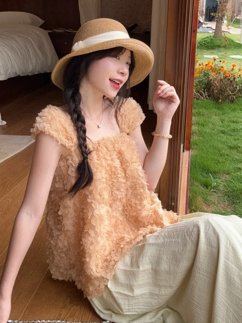 

Sweet Design Sense Mesh Chiffon Shirt Women Summer New Small Fly Sleeve Doll Shirt Luxury High-End Feeling Top Korean Style C...