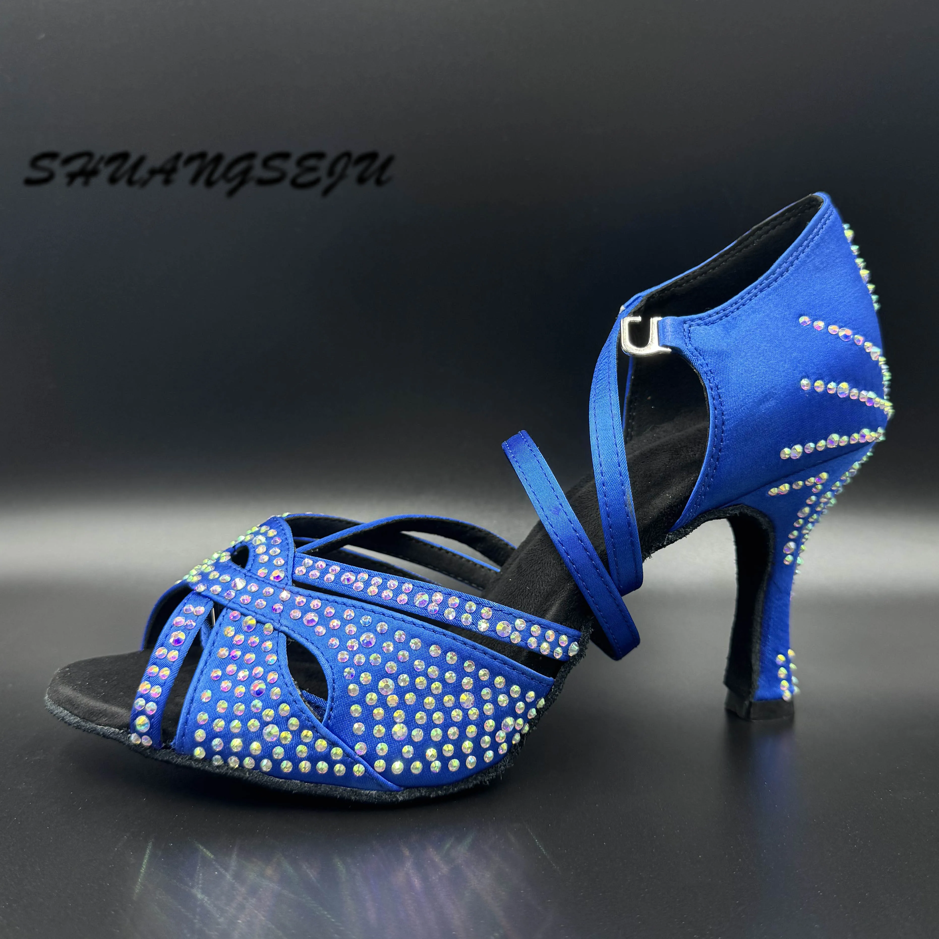 SHUANGSEJU New royal blue satin Latin dance shoes professional ballroom salsa bachata soft-soled dance shoes with mid-high heel view 2