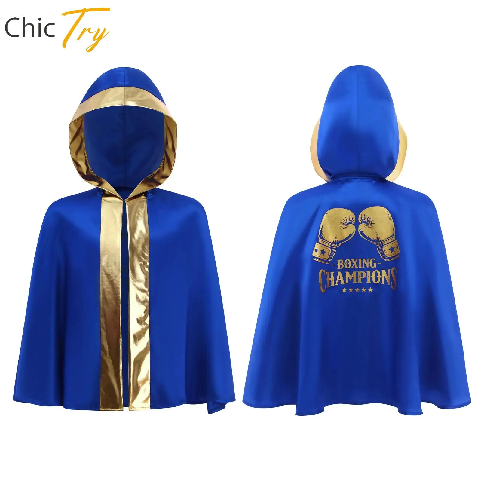 

Kids Boxing Muay Thai Costume Boys Girls Halloween Cosplay Cloak Open Front Metallic Trim Letter Printed Back Hooded Boxer Robe