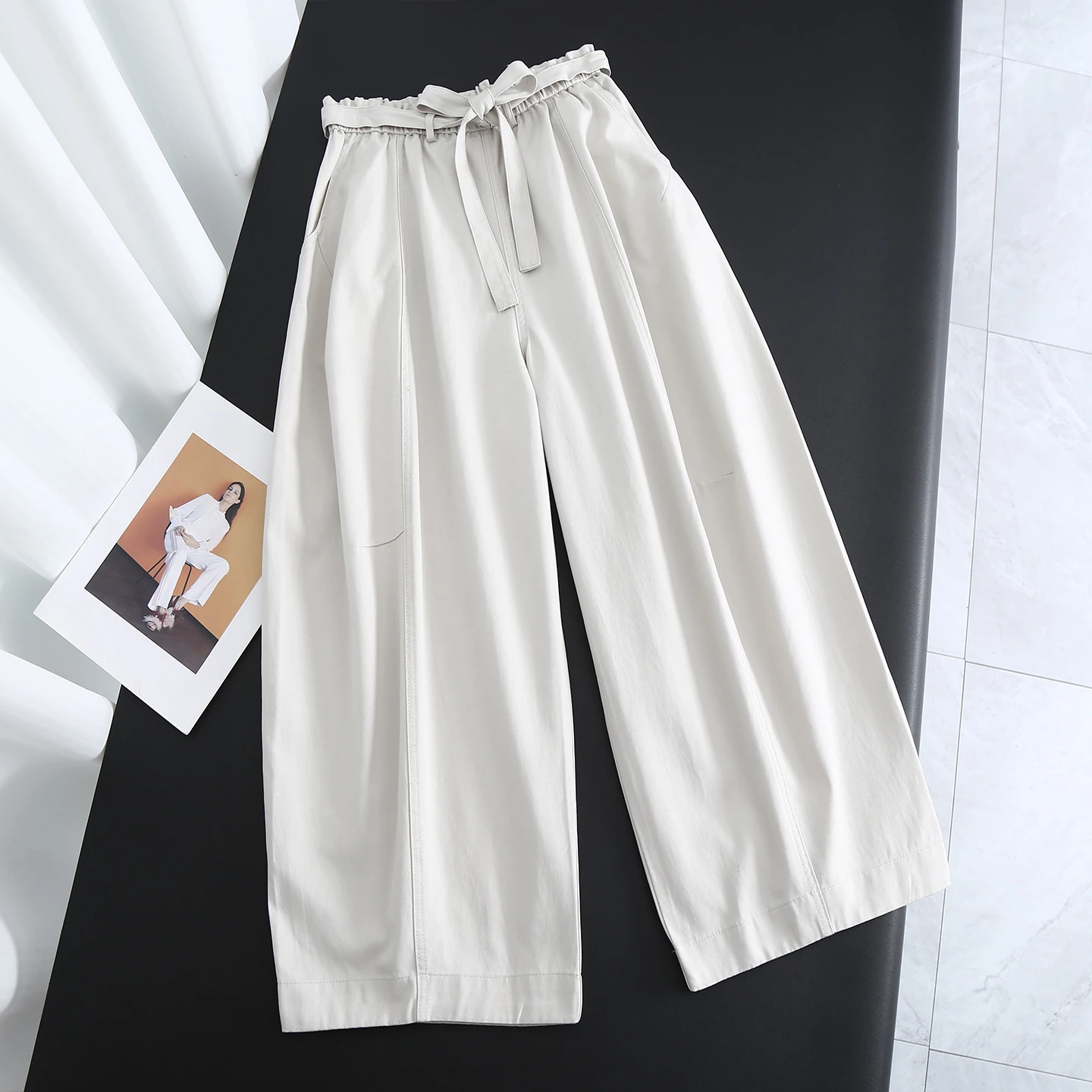 

Korean Style High Waist Wide Leg Casual Pants Women's Floral Trim Belted Loose Fit Versatile Trousers Spring Summer 2026