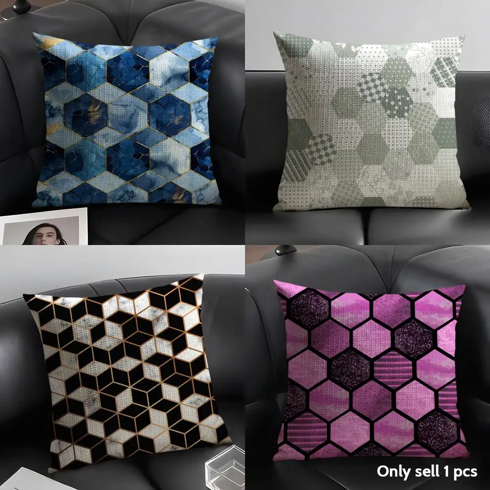 Hexagon Marble  Pattern Cushion Cover Natural Linen Organic Fabric Double-Sided Printing Breathable Perfect Gift for Decor