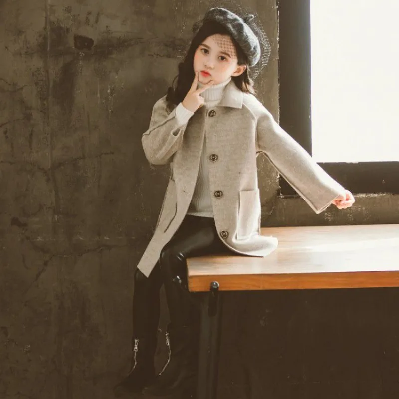 

Kids Winter Wool Blend Coats Vintage Fashion Teen Girls Beige Long Jackets Warm Outerwear Thick Jacket Child 6 7 10 11 Years Old