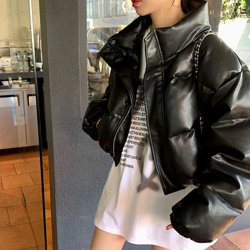 

Korean Chic Winter Retro Handsome Stand Up Collar Zipper Style PU Leather Loose and Versatile Short Cotton Jacket Female Clothes