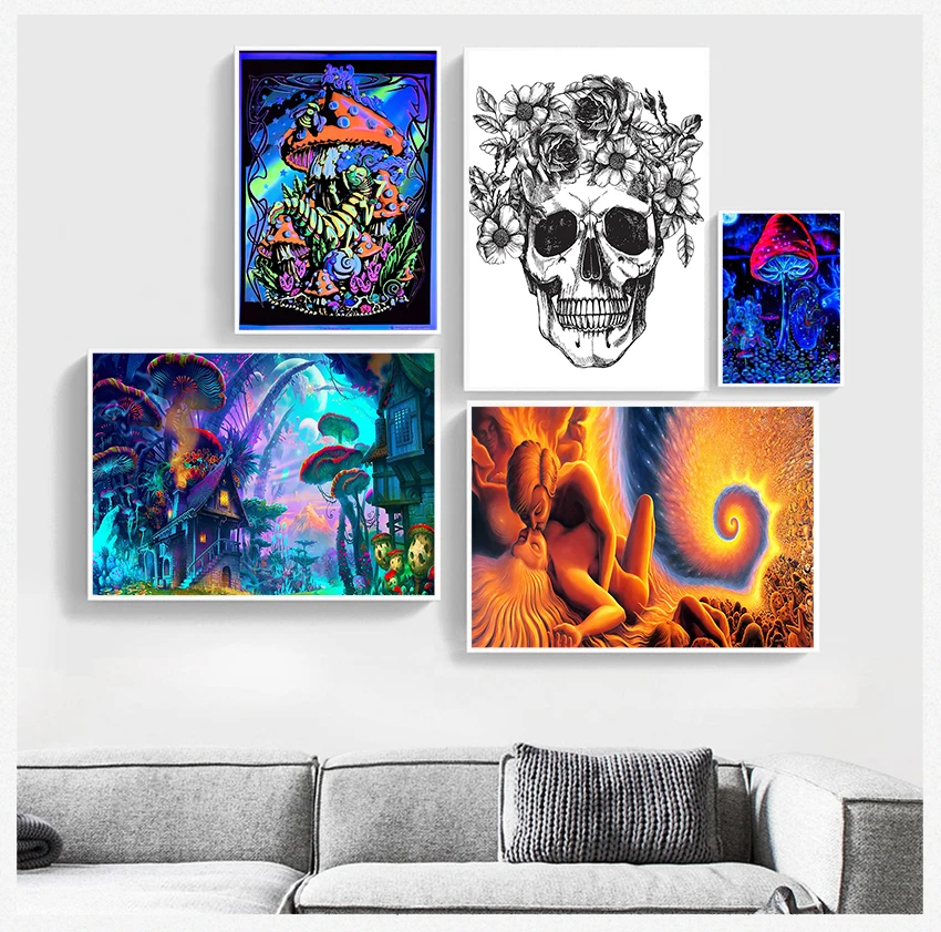 Magic Black Light Silk Painting Wall Art Posters and Print Home Decor Psychedelic Trippy Mind Visual Mushroom Education