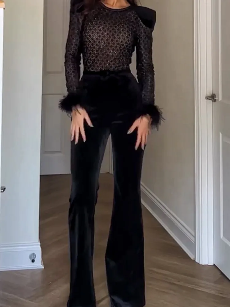 New Sequined Black Feathers Round Neck Gold Velvet Stitching Long-Sleeved Jumpsuit Casual Women\'s Sexy Long Sleeve Jumpsuit
