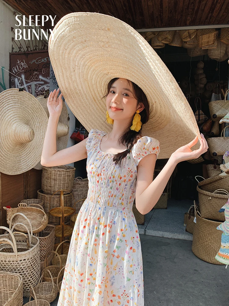 

Vintage Floral Smocked Dress Women Summer Square Neck Puff Sleeve Slim Fit Long Dress Sweet Vacation Style High Waist Sundress