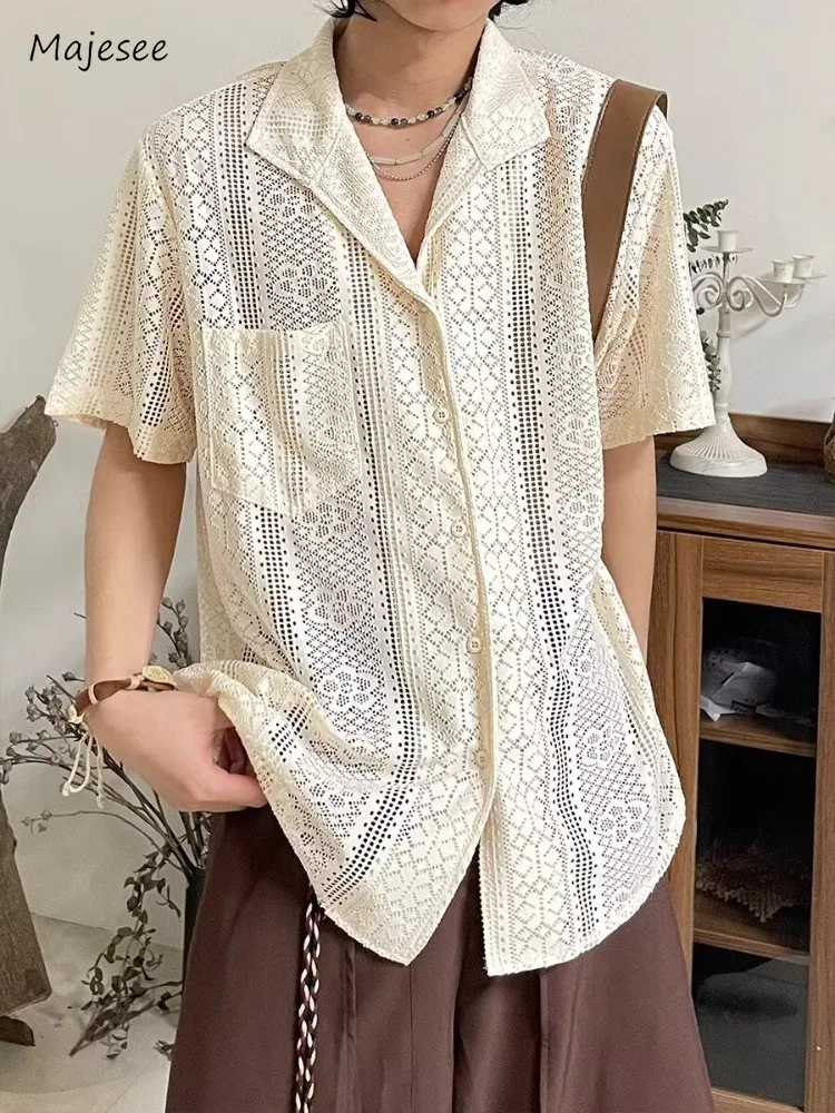 

Shirts Men American Retro Summer Hollow Out Advanced All-match Slouchy Short Sleeve High Street Fashion Chic Clothing Breathable