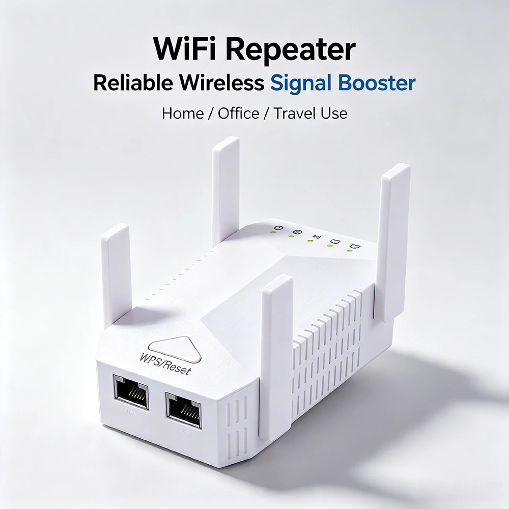 Dual Band WiFi Repeater 1200Mbps 2.4GHz 5GHz 4 High-Gain Antennas Dual LAN Ports WPS Setup for Home Office Travel