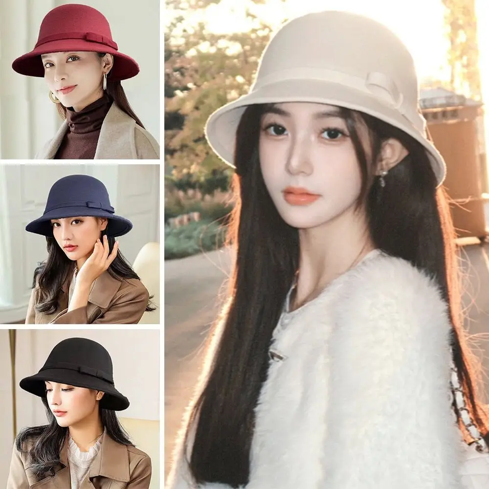 Autumn Winter Vintage Felt Fedora Hats Dome Bowknot Panama Cap Elegant Soft Bucket Cap for Women