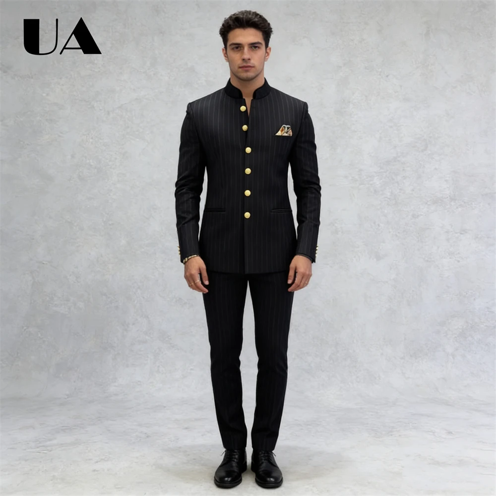 

Stripe Mens 2-Piece Suit Set Half Stand Collar Fashionable Suit Attire for Party Prom Jacket Pants XXS-7XL Customized Colors